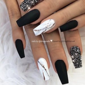 Coffin Black and White Nails