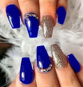 Royal Blue Coffin Nails with Gold Accents
