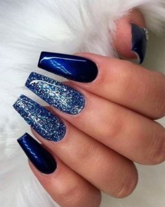 Royal Blue Coffin Nails with Silver Glitter