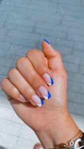 Short Blue Nails with White Tips
