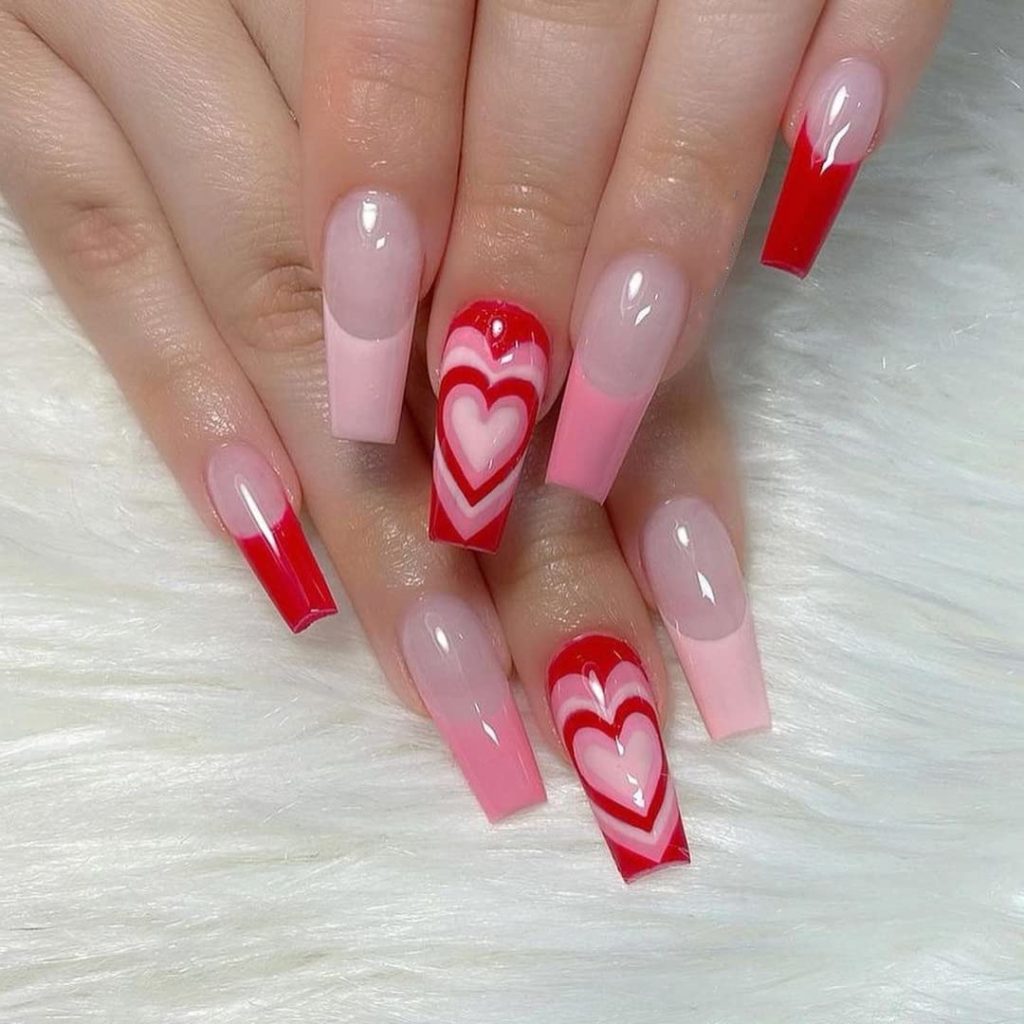 White Nails with Red Hearts