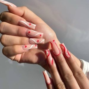 White Nails with Red Hearts