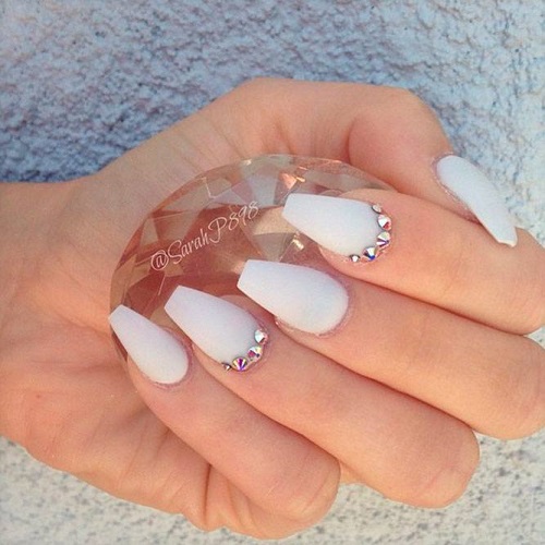 White Acrylic Nails With Diamonds
