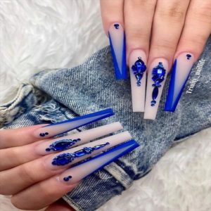 Royal Blue Coffin Nails with Diamonds