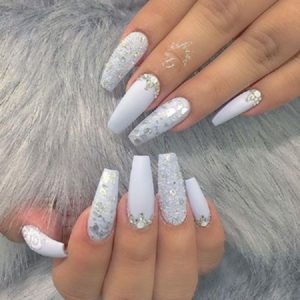 White coffin nails with silver glitter